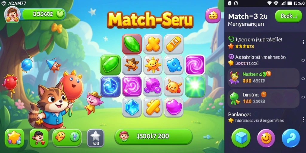 Tampilan permainan seru di ADAM77 dengan level Match-3 yang menantang.