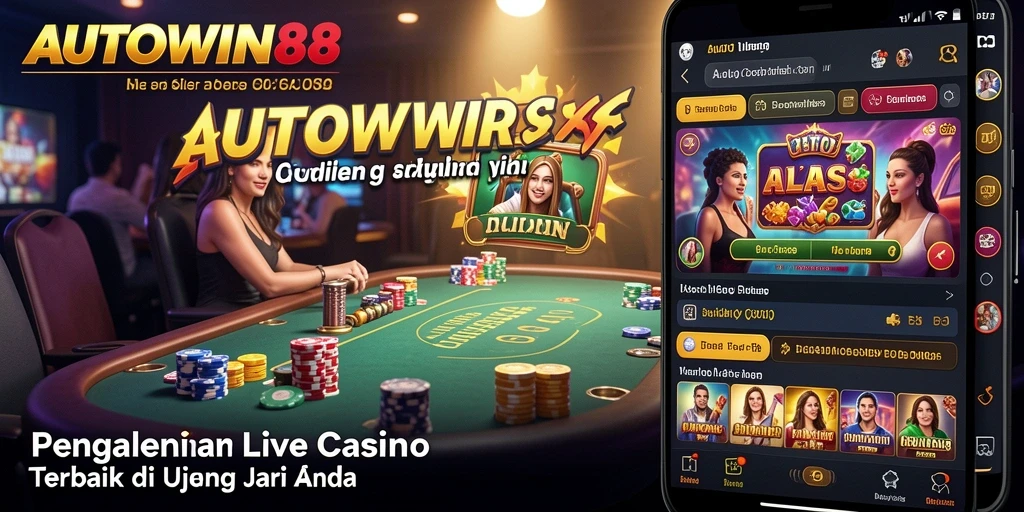 Screenshot AUTOWIN88 menunjukkan dealer live dan suasana kasino yang menegangkan.