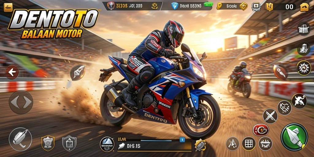 Tangkapan layar gameplay DENTOTO yang penuh aksi balapan motor.