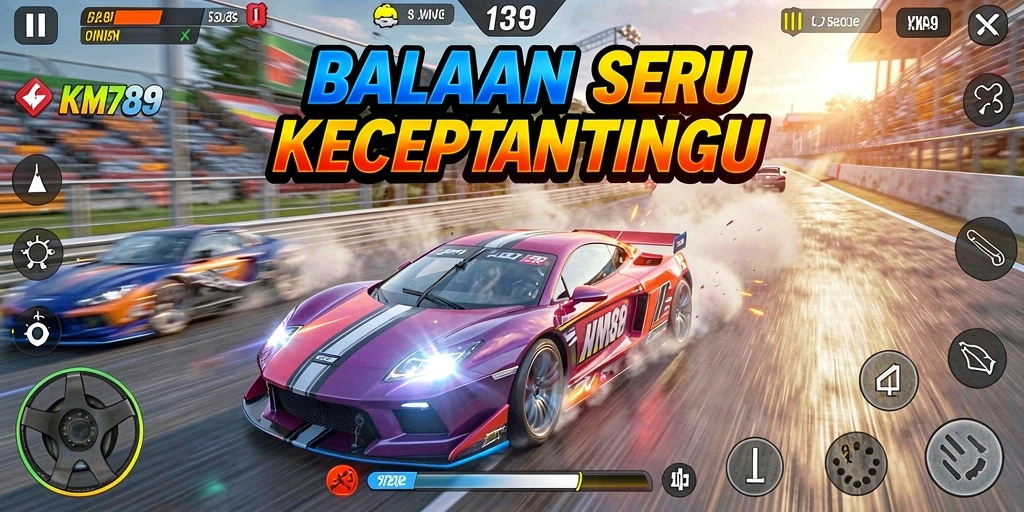 Tangkapan layar gameplay KM789 yang menggambarkan aksi balapan yang mendebarkan.