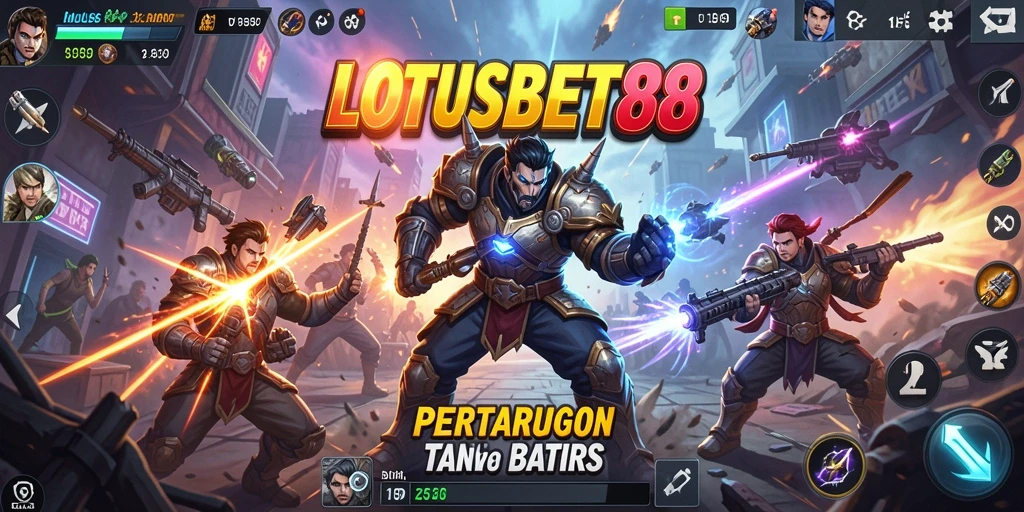Tangkapan layar LOTUSBET88 menunjukkan pertarungan intens antara dua karakter.