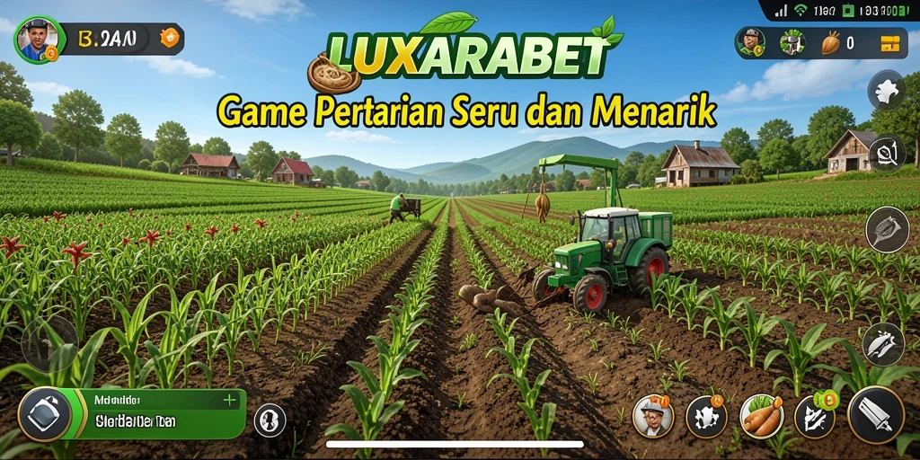 Screenshot gameplay LUXARABET yang menunjukkan pertanian yang indah dan interaktif.