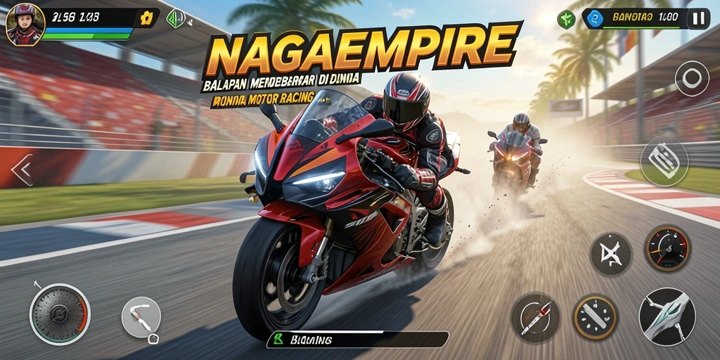 Gameplay seru NAGAEMPIRE dalam balapan motor yang mendebarkan.