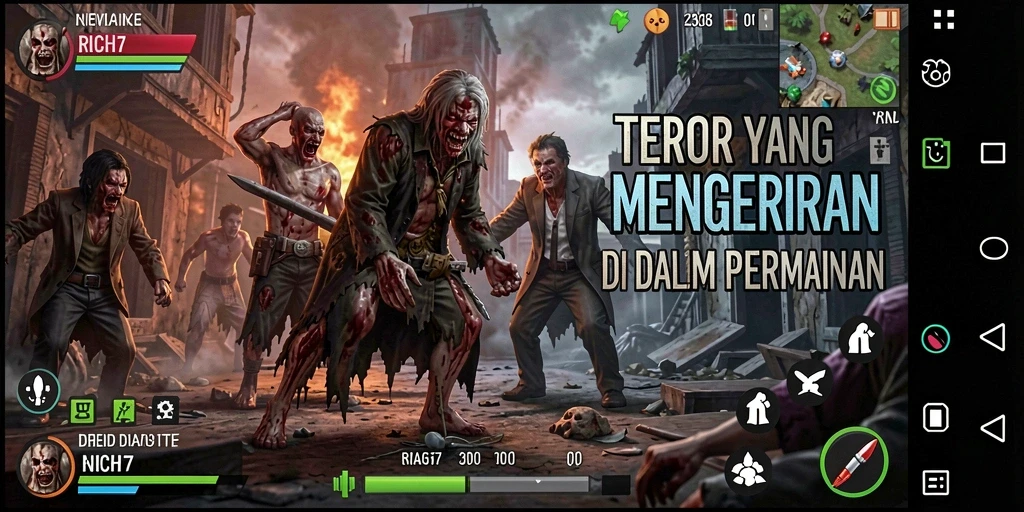 Screenshot game RICH7 menampilkan momen mencekam dengan suasana kelam.