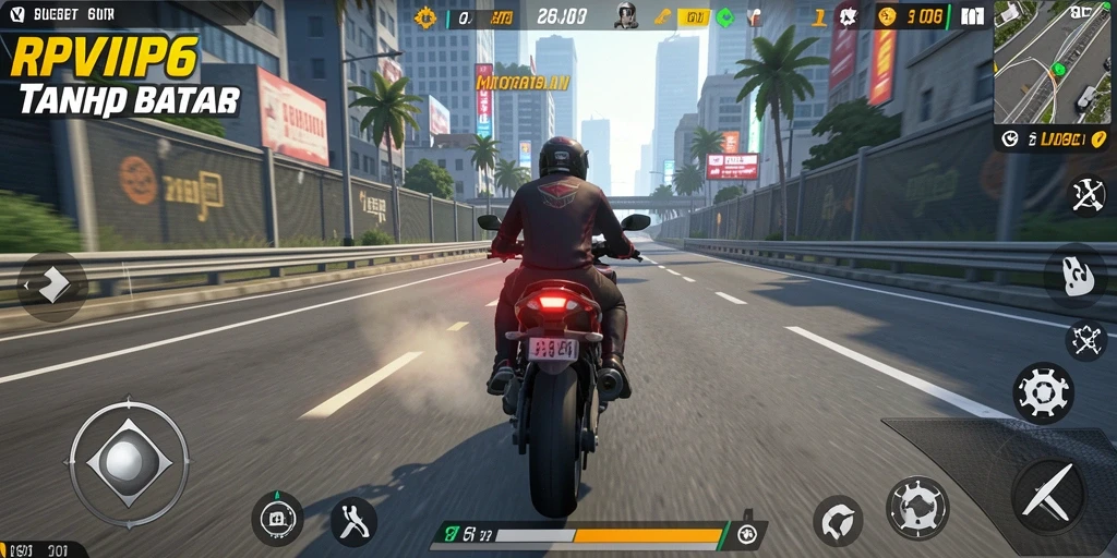 Screenshot gameplay RPVIP6 menampilkan kecepatan tinggi balapan motor.