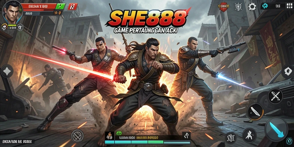 Gameplay pertarungan seru di SHE888 dengan karakter unik.