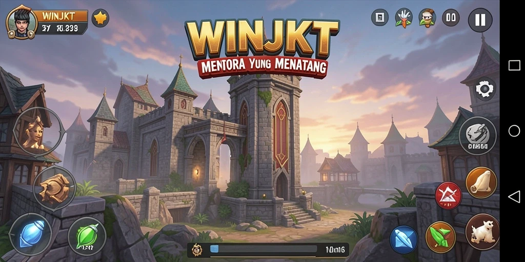 Screenshot gameplay WINJKT menampilkan pertarungan menara yang seru.